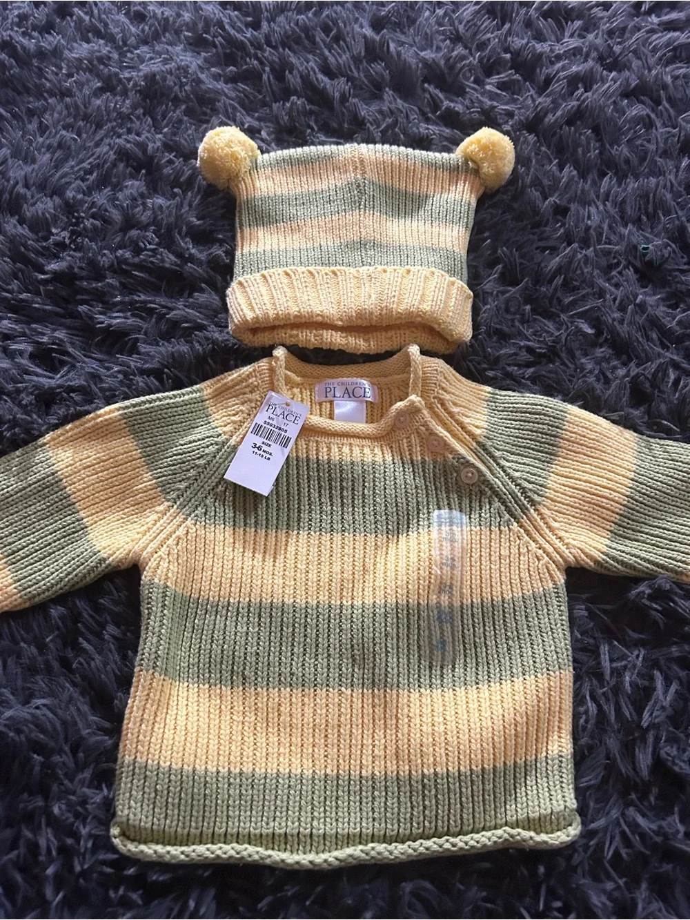 The Children's Place Yellow & Olive Striped Knit Sweater and Pom Hat Set